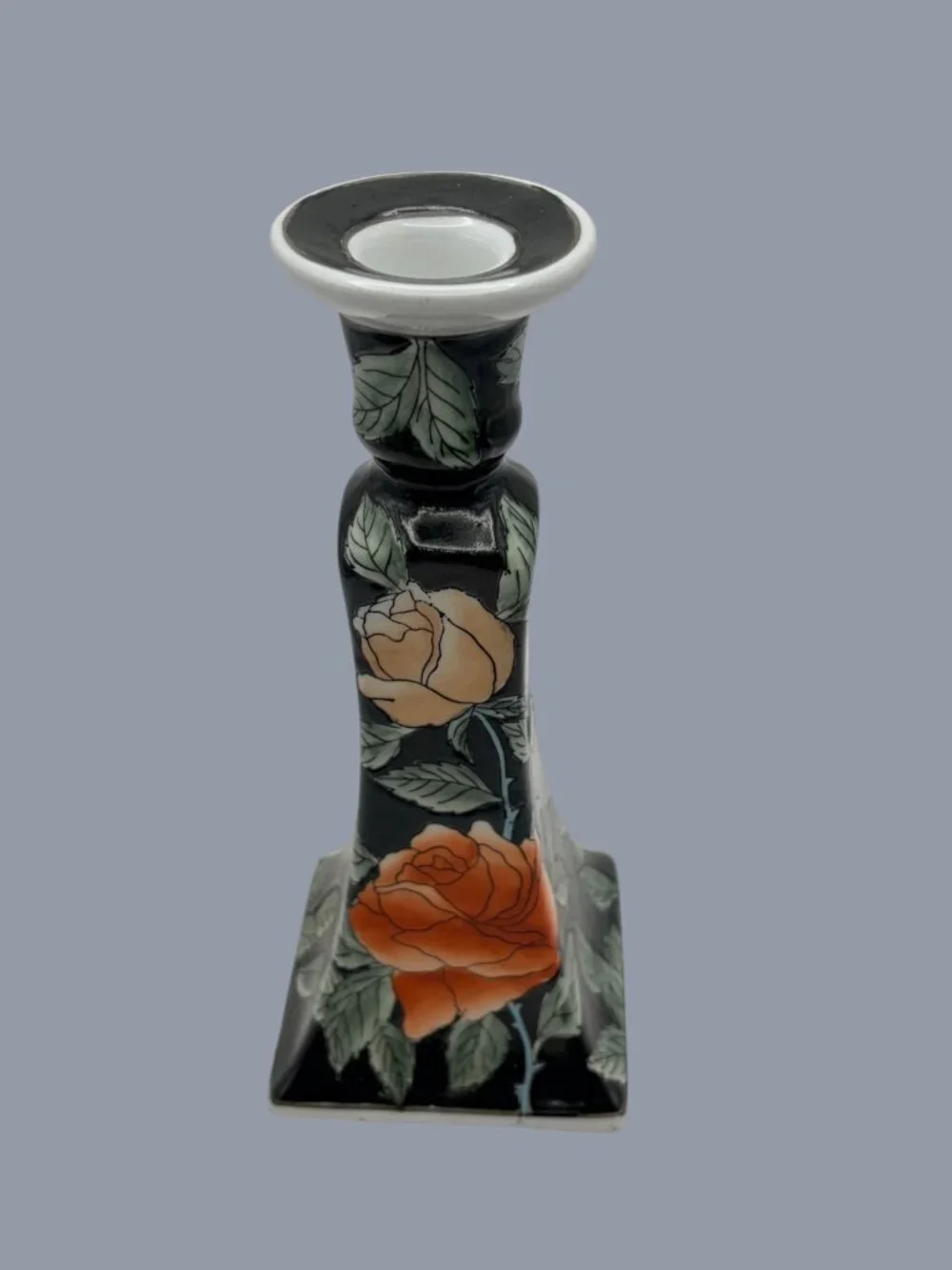 Vintage Hand-Painted Floral Porcelain Candlestick Holder – Rose Motif – 9” Tall